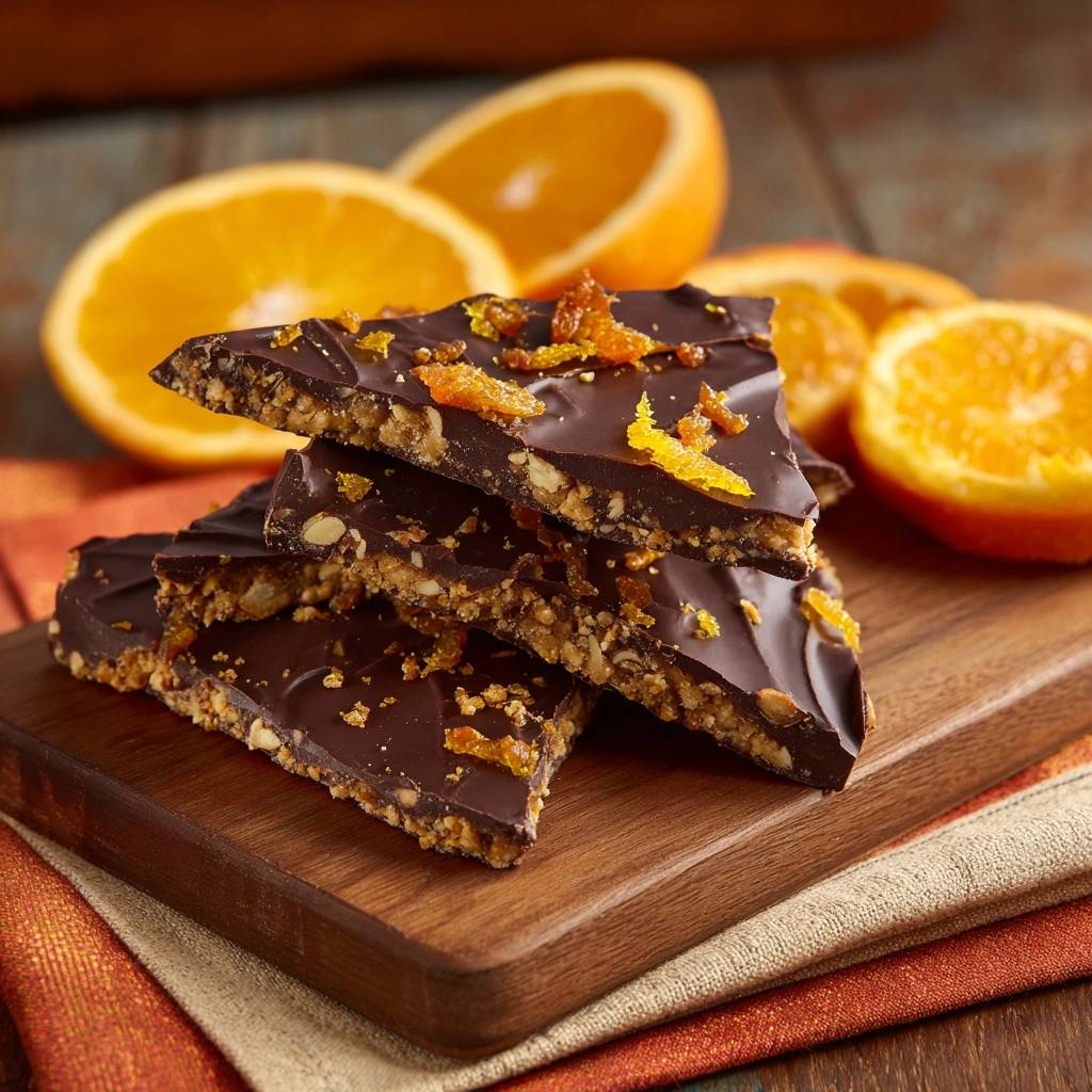 Knusprige Mandeln-Orangen-Schokoladenbark als Stapel mit Orangenstücken im Hintergrund auf einem Holzbrett