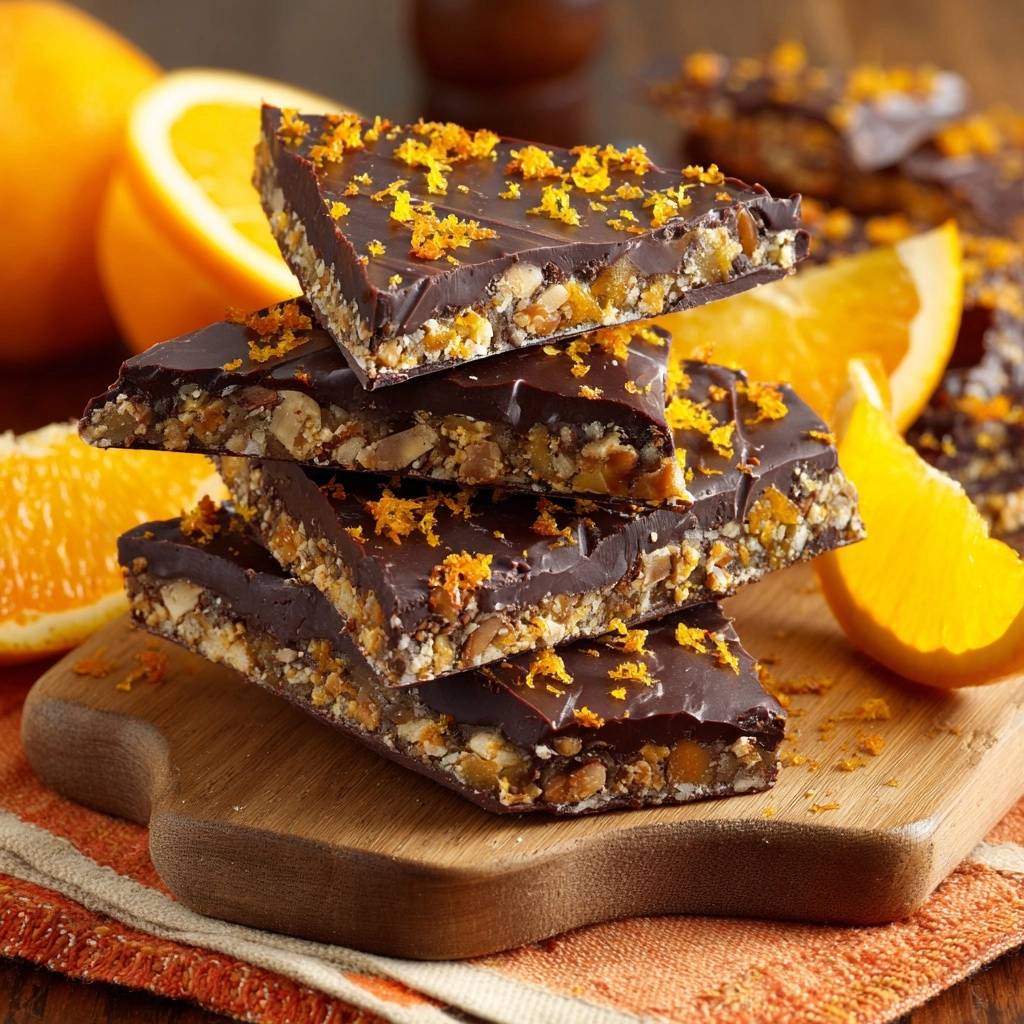 Mandeln Orangen Schokoladenbark Querschnitt 1 Knusprige Mandeln-Orangen-Schokoladenbark im Querschnitt mit Nüssen und Orangenschalen-Garnitur auf einem Holzbrett.