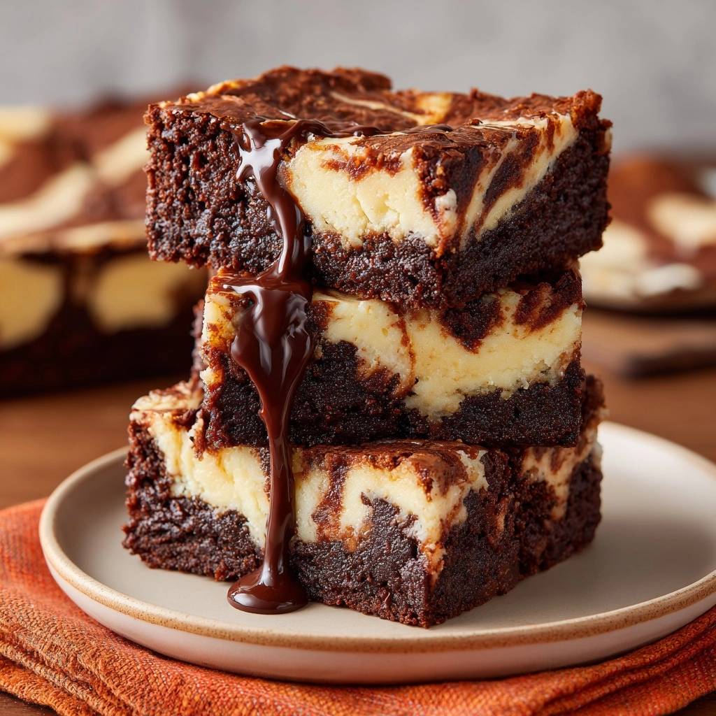 Marmor Cheesecake Brownies Querschnitt Nahaufnahme 1 Marmor-Cheesecake-Brownies zeigen einen appetitlichen Querschnitt mit cremiger Käsekuchenschicht und schokoladiger Glasur. Diese saftigen Brownies sind perfekt für Naschkatzen.