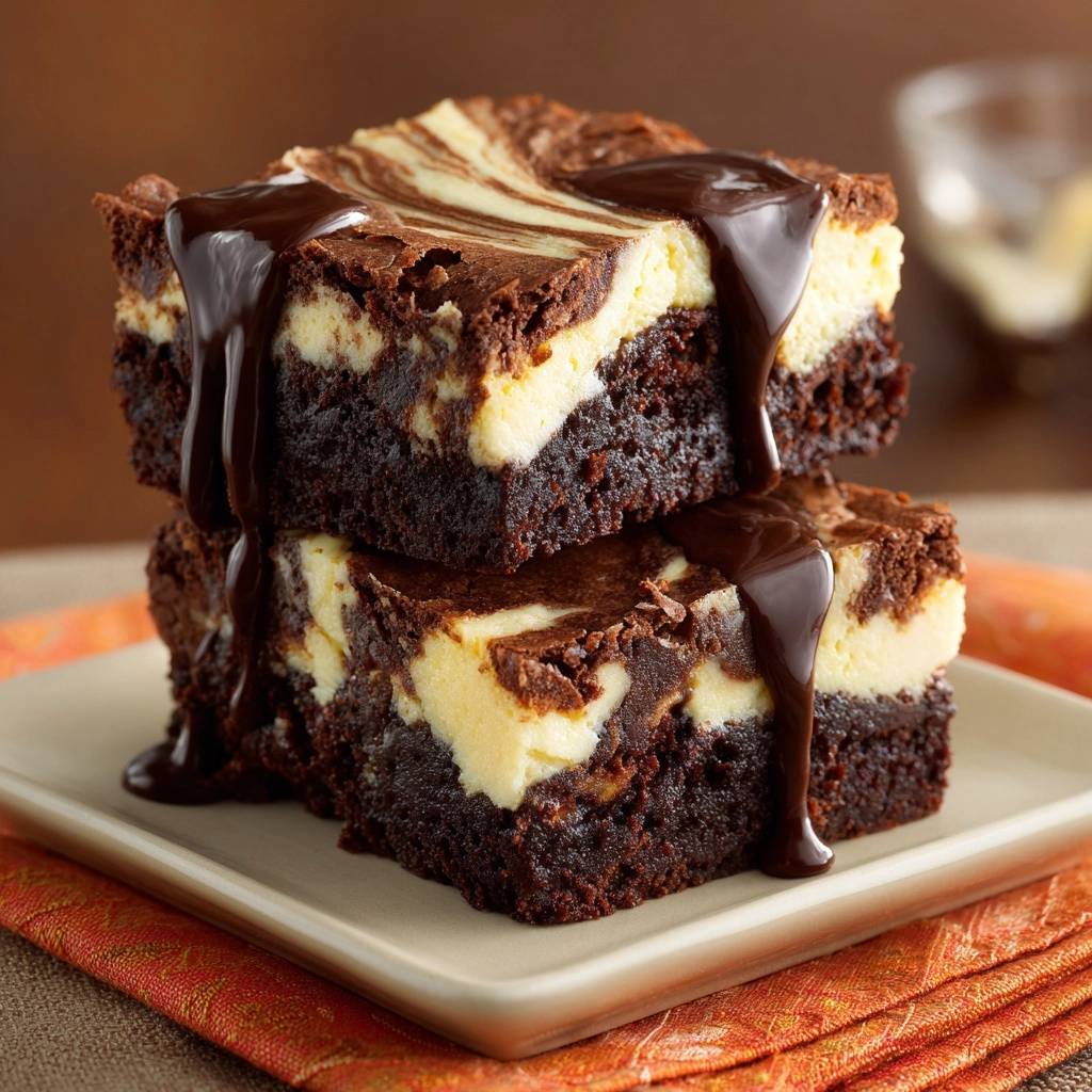 Marmor-Cheesecake-Brownies in Nahaufnahme: Schokoladen-Brownies mit cremigem Käsekuchen-Swirl und flüssigem Schokoladenguss.