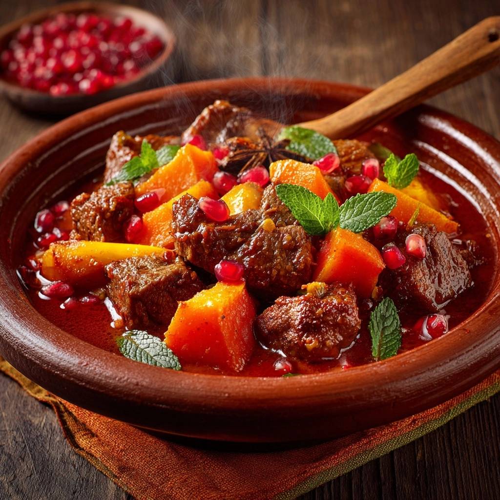 Marokkanisches Rindfleisch Tagine Krbis Granatapfel Detail 1 Marokkanisches Rindfleisch-Tagine mit Kürbis und Granatapfel, detailreiche Nahaufnahme mit Dampf und Minze garniert