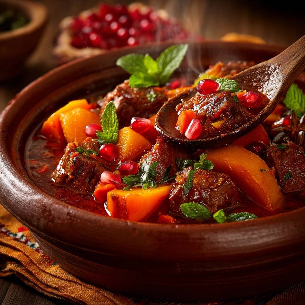 Marokkanisches Rindfleisch-Tagine mit Kürbis und Granatapfel, serviert in einer rustikalen Schüssel, mit einem Löffel voll köstlichen Fleischs.
