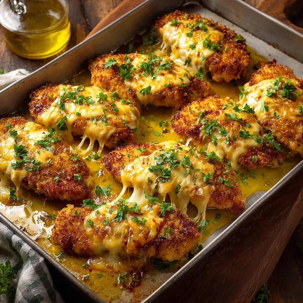 Knuspriges Ofenhähnchen mit Käse und Kräutern, nahaufnahme der geschmolzenen Käsefäden und frischen Kräuter garnitur.