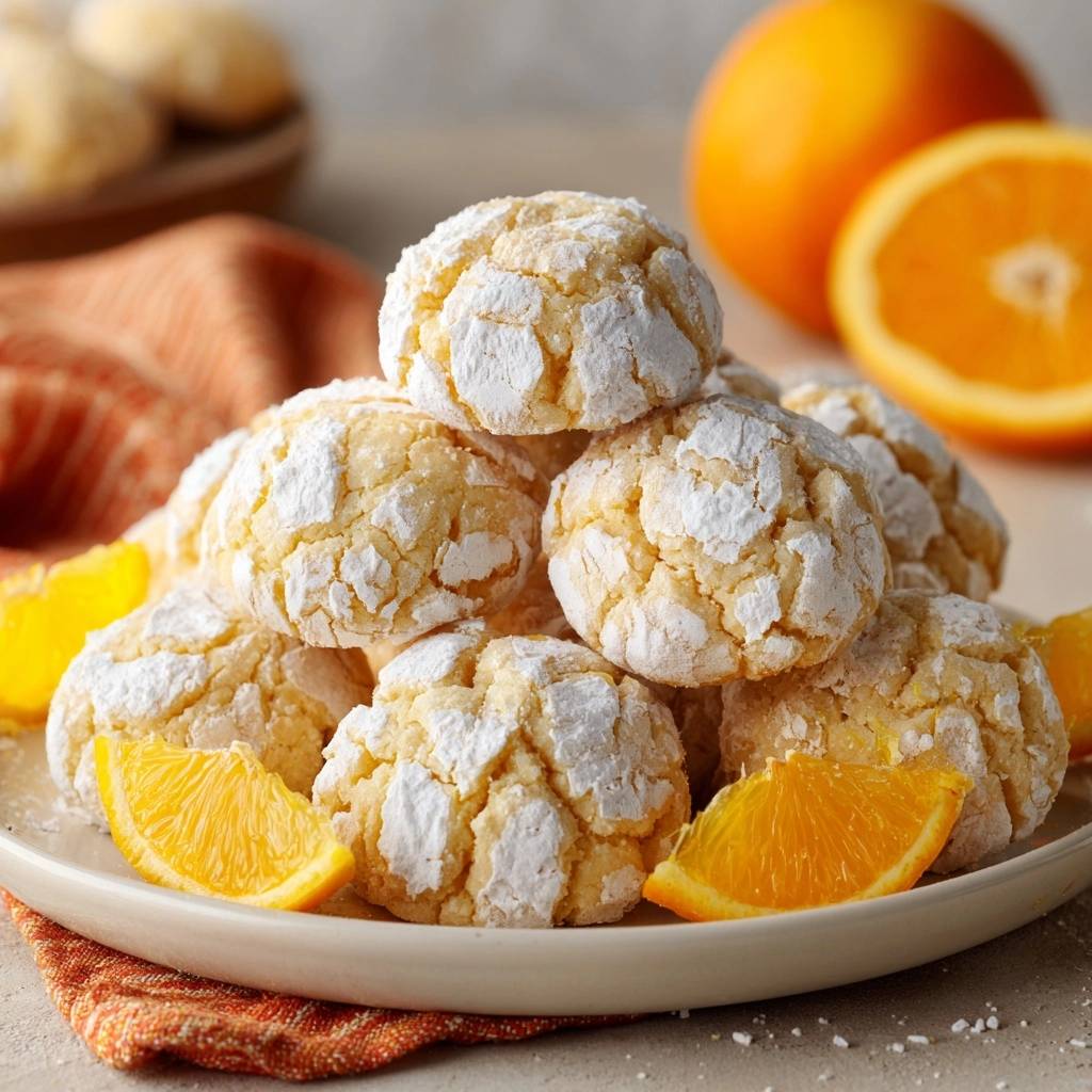 Orangen Crinkle Kekse Serviert Mit Orangenscheiben 1 Orangen-Crinkle-Kekse auf einem Teller serviert, dekoriert mit frischen Orangenscheiben für einen fruchtigen Genuss.