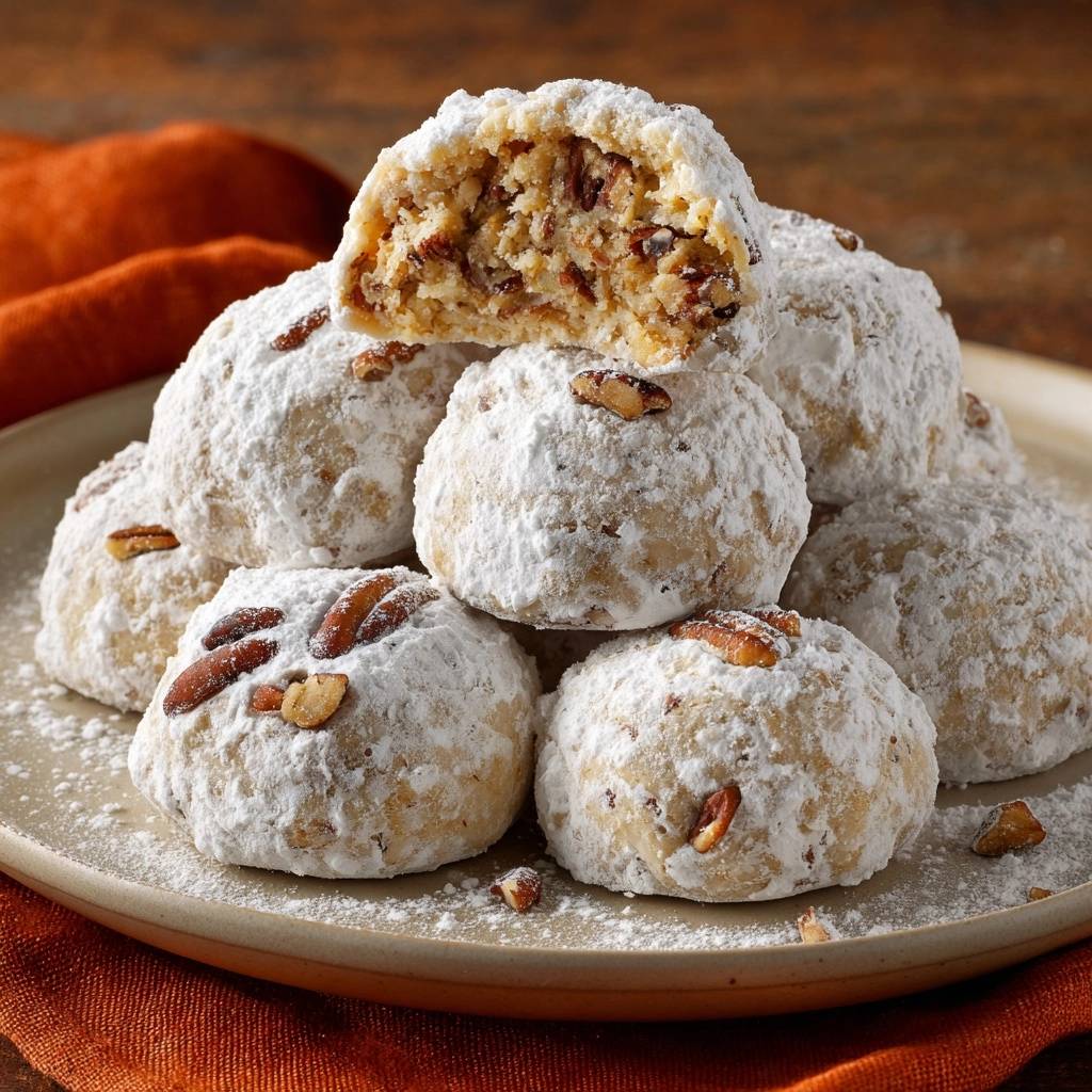 Pekannuss-Rosinen-Schneeball-Kekse mit einem Querschnitt, der die nussige Füllung und die zarte Textur zeigt.