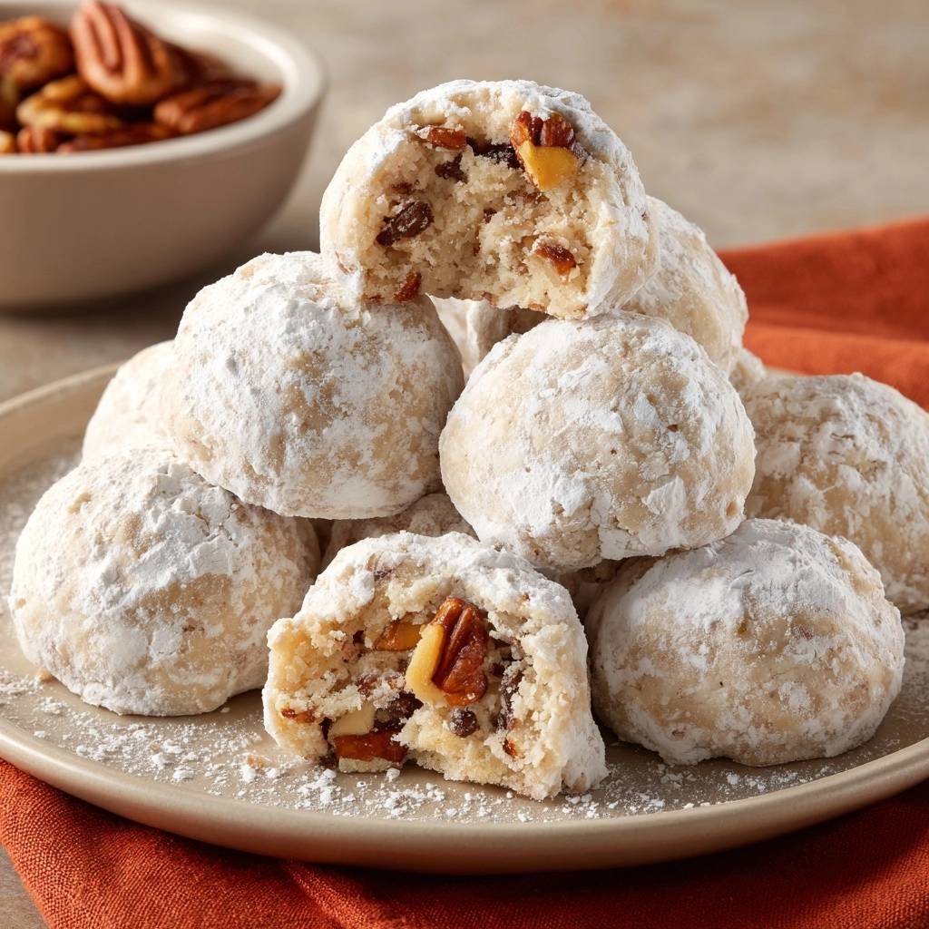 Pekannuss-Rosinen-Schneeball-Kekse zeigen hier ihre köstliche Innenansicht, gefüllt mit Pecannüssen und Rosinen. Die Kekse sind mit Puderzucker bestäubt.