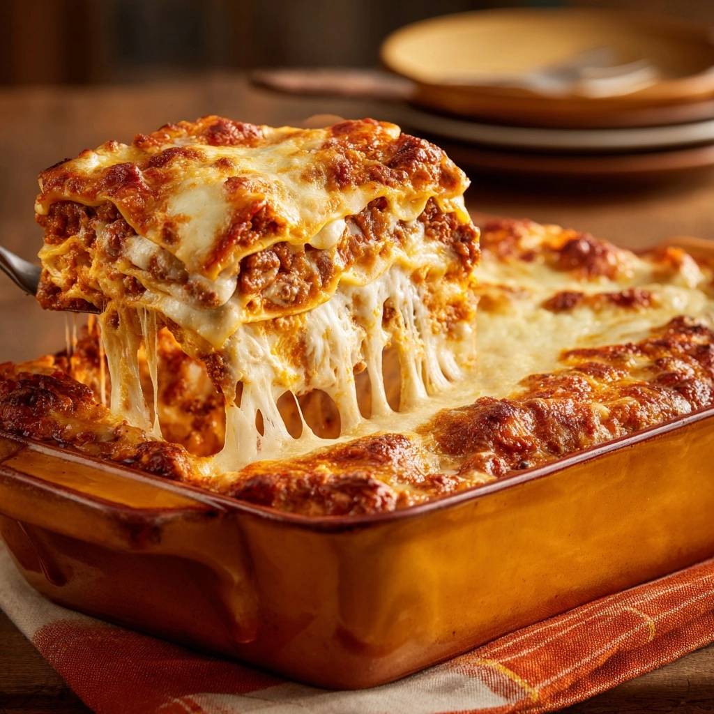 Perfekte Hackfleisch-Lasagne: Ein Nahaufnahme-Querschnitt zeigt geschmolzenen Käse, der gerade aus dem Auflauf herausgezogen wird.