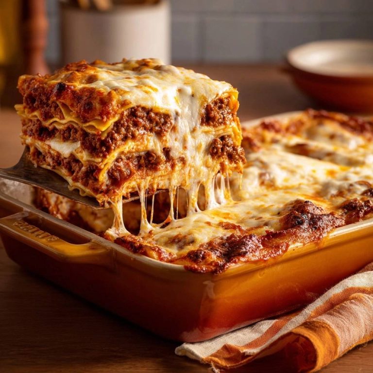 Perfekte Hackfleisch-Lasagne: Ein warmer Querschnitt mit geschmolzenem Käse, der sich verführerisch zieht und die Schichten offenbart.