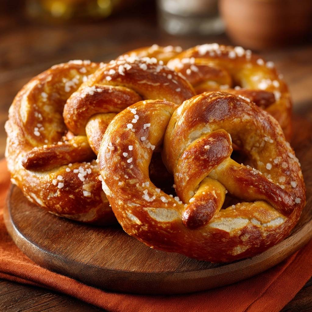 Perfekte Laugenbrezeln im Nahaufnahme, mit grobem Salz bestreut, liegen auf einem rustikalen Holzbrett und sind appetitlich angerichtet.