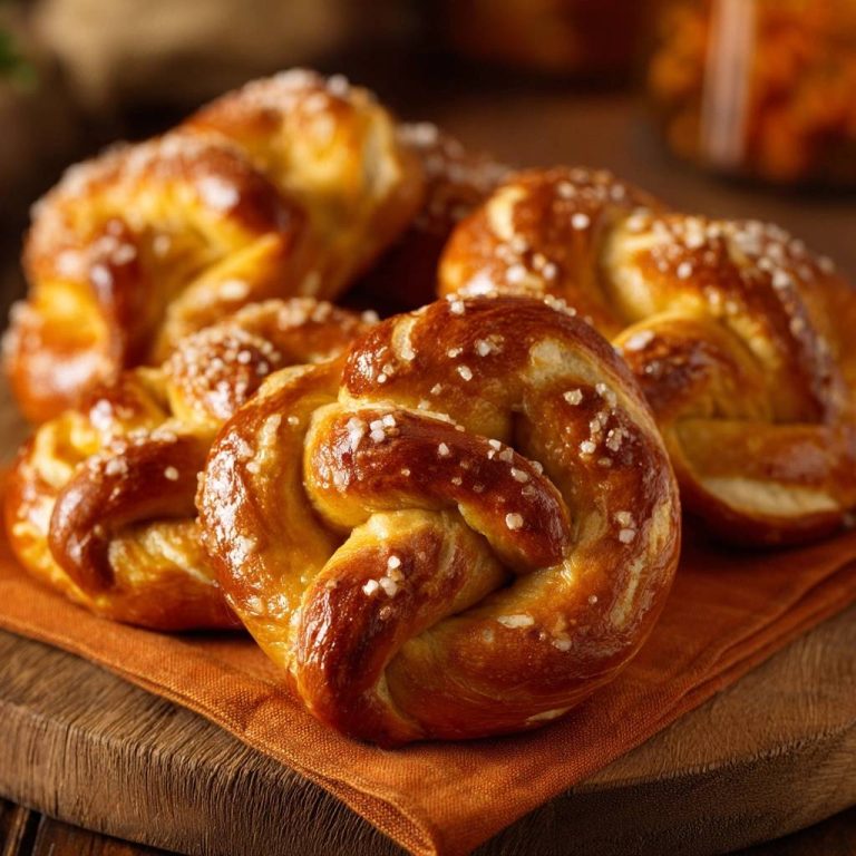 Perfekte Laugenbrezeln in Nahaufnahme, goldbraun gebacken und mit grobem Salz bestreut, liegen auf einem rustikalen Holzbrett.