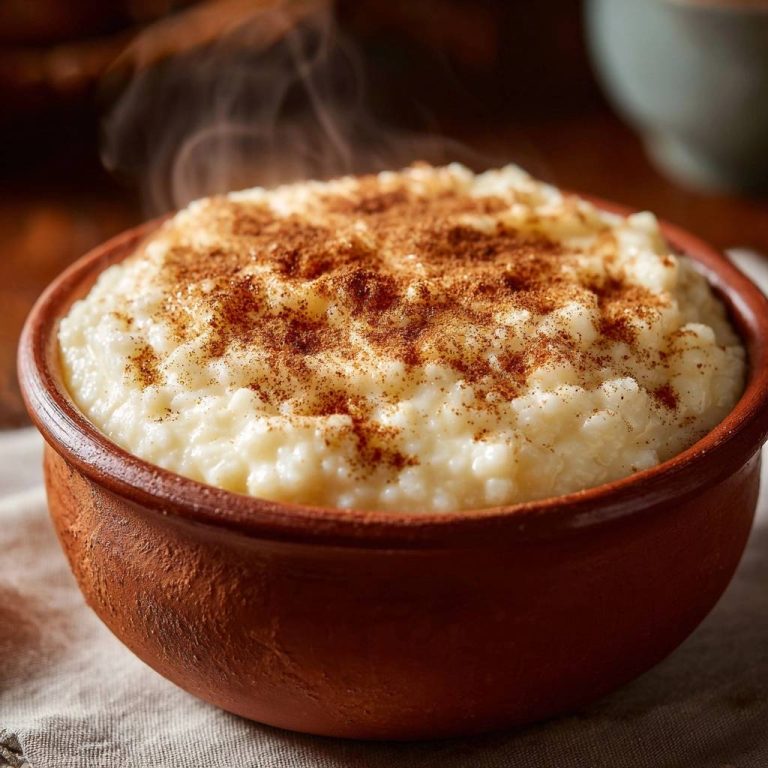 Perfekter Milchreis mit Zimt in einer rustikalen Schüssel, mit Zimt bestäubt und dampfend, bereit zum Genießen. Ein Nahaufnahme-Detail.