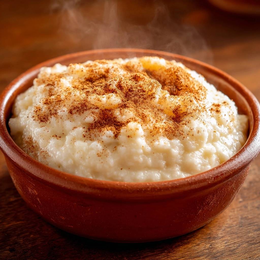Perfekter Milchreis Mit Zimt Nahaufnahme Gedmpft 1 Perfekter Milchreis mit Zimt in einer rustikalen Schüssel, mit Zimt bestreut, und ein Dampf steigt auf.