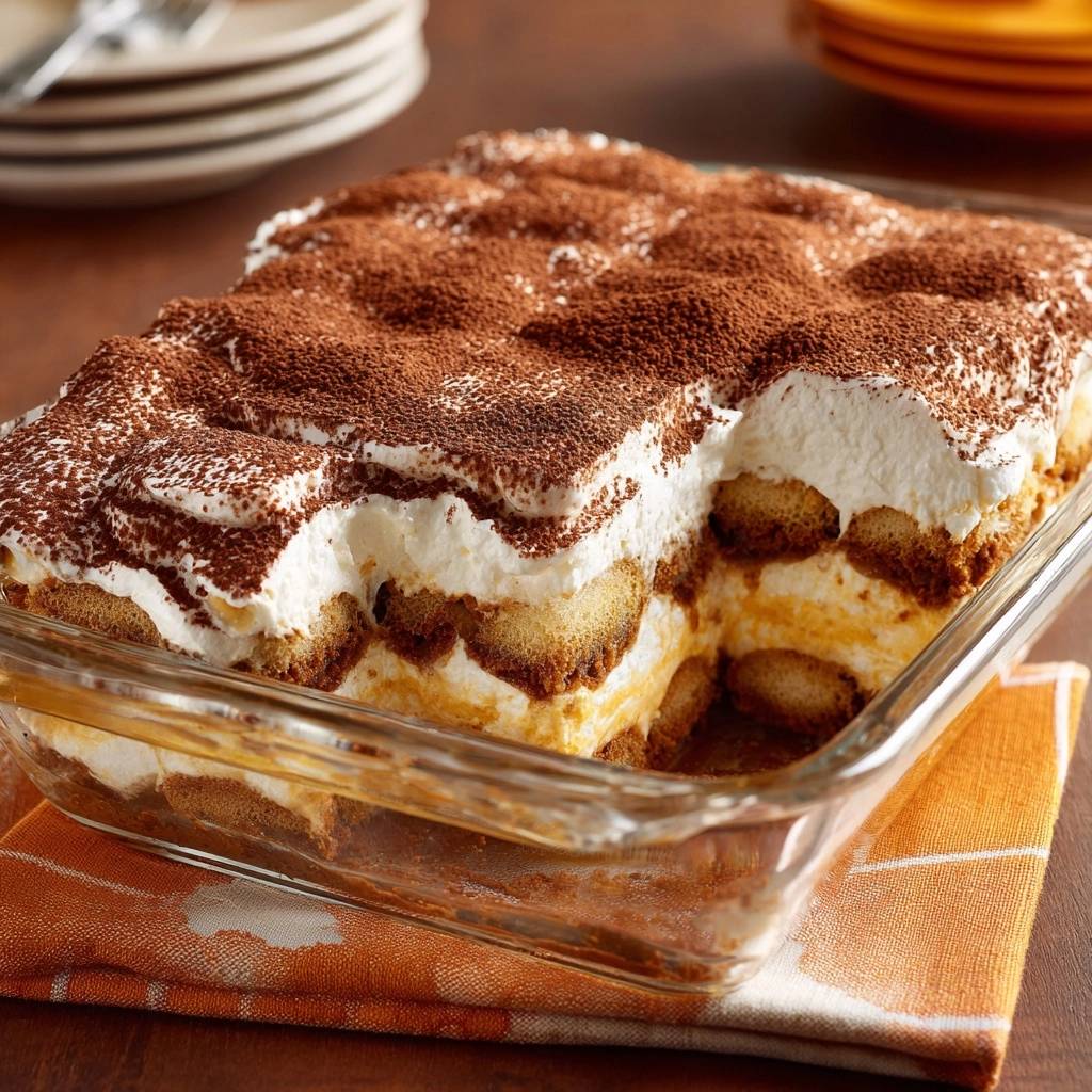 Perfektes Tiramisu Querschnitt 1 Perfektes Tiramisu mit einem Anschnitt, der die geschichteten Lagen und die cremige Textur des Desserts zeigt.