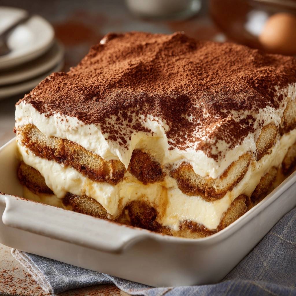 Perfektes Tiramisu präsentiert einen verlockenden Querschnitt, der die geschichteten Löffelbiskuits und die cremige Mascarpone-Creme zeigt.