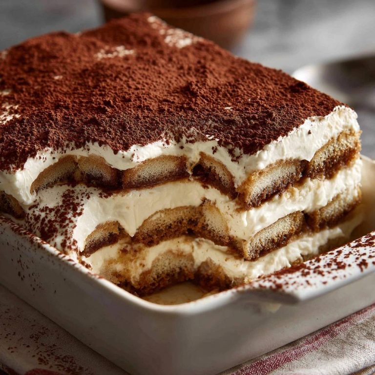 Perfektes Tiramisu im Anschnitt: Die cremigen Schichten und der Kakaobelag sind in dieser Nahaufnahme deutlich sichtbar.