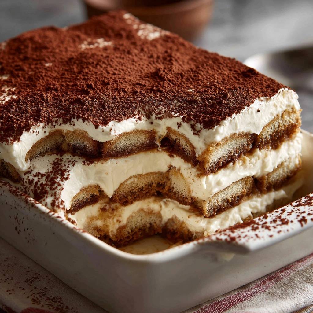 Perfektes Tiramisu im Anschnitt: Die cremigen Schichten und der Kakaobelag sind in dieser Nahaufnahme deutlich sichtbar.