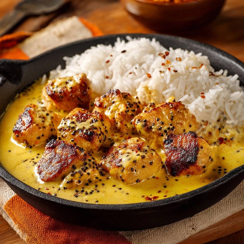 Knuspriges Pfeffer-Hühner-Curry mit Reis, serviert in einer Pfanne mit cremig-gelber Sauce und dunklen Pfefferkörnern.