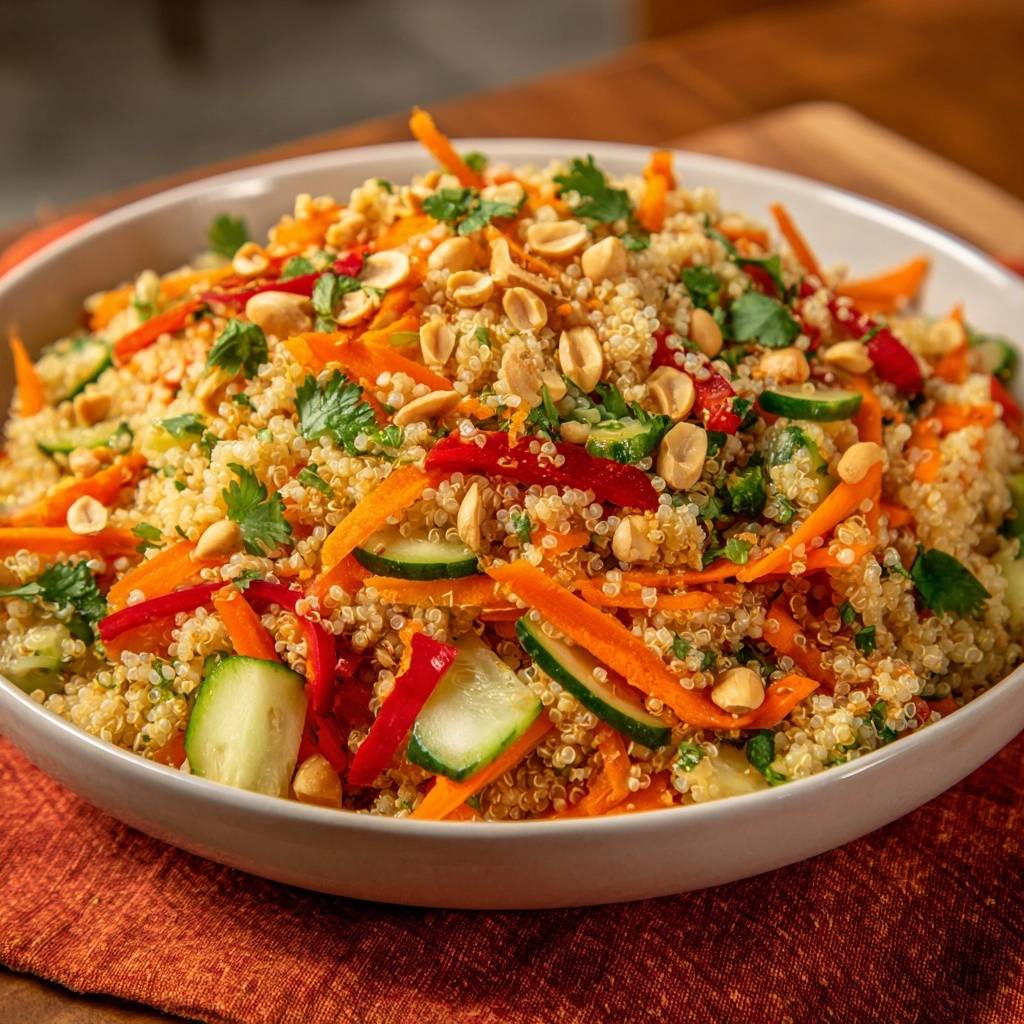 Knackiger Quinoa-Gemüsesalat mit Erdnüssen als Nahaufnahme mit Karotten, Gurken und Paprika