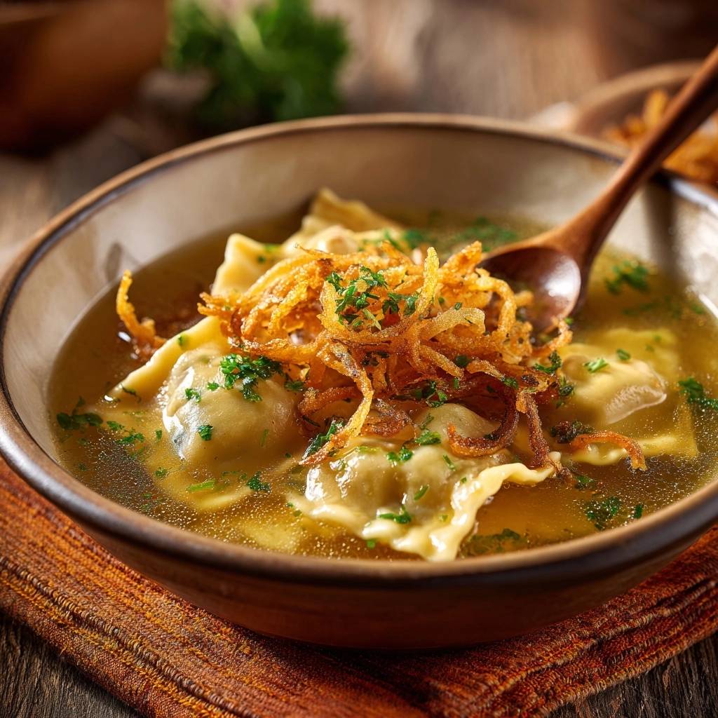 Ravioli in goldener Brühe, nah aufgenommen, mit knusprigen Zwiebeln und frischer Petersilie in einer rustikalen Schüssel serviert.