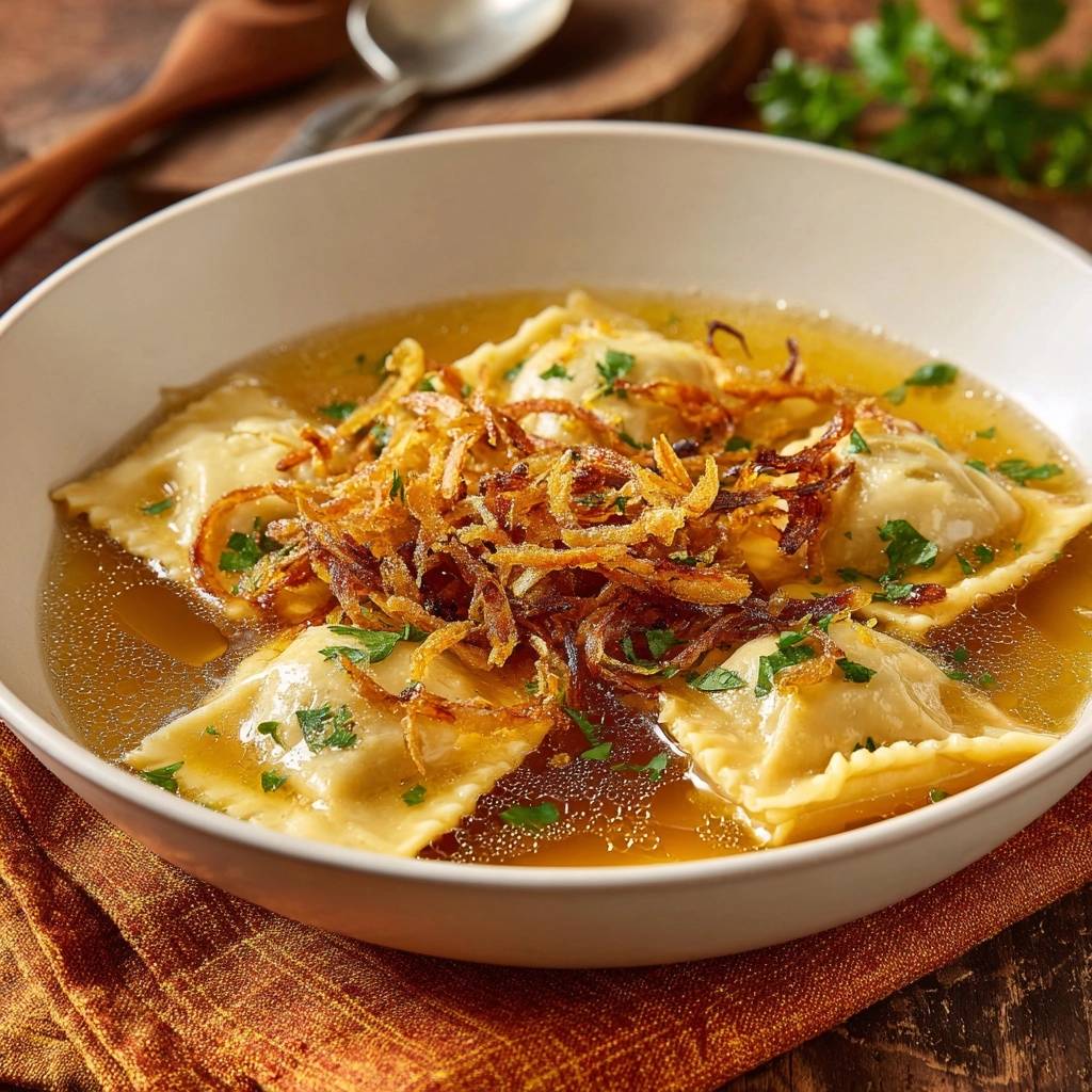 Ravioli in goldener Brühe mit knusprigen Zwiebeln in einer Nahaufnahme, garniert mit frischer Petersilie und knusprigen Zwiebeln.