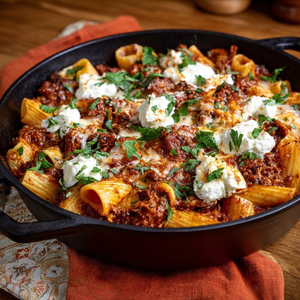 Rigatoni Auflauf Mit Hackfleischragout Draufsicht Serviert 1 Rigatoni-Auflauf mit Hackfleischragout, serviert in einer gusseisernen Pfanne, garniert mit frischer Petersilie und cremigen Ricotta-Klecksen.