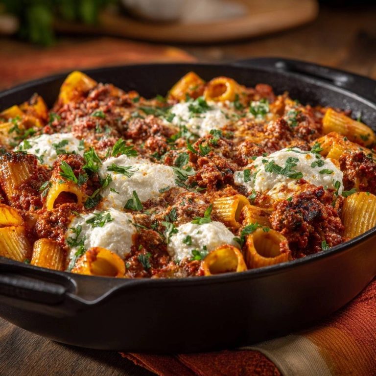 Rigatoni-Auflauf mit Hackfleischragout, serviert in einer schwarzen Gusseisenpfanne und garniert mit frischer Petersilie und Ricotta.
