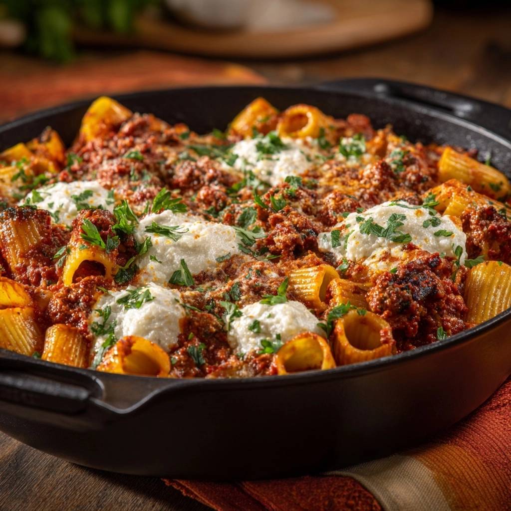 Rigatoni-Auflauf mit Hackfleischragout, serviert in einer schwarzen Gusseisenpfanne und garniert mit frischer Petersilie und Ricotta.