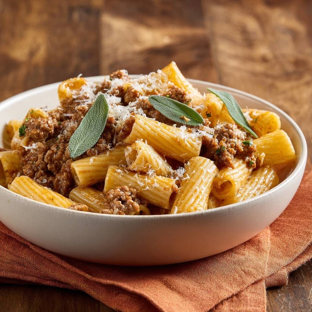 Rigatoni mit fleischigem Salbei-Ragù, serviert in einer cremefarbenen Schüssel, mit frischem Salbei und Parmesan garniert.