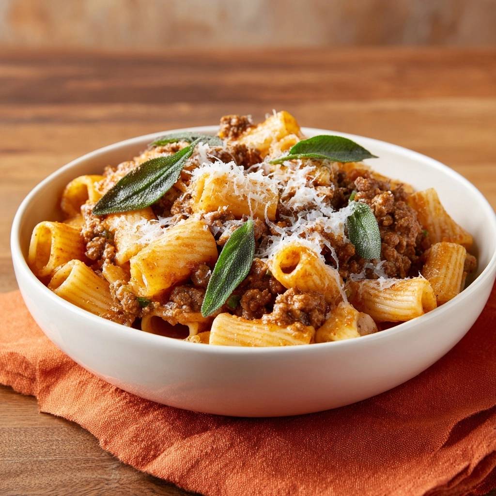 Rigatoni mit fleischigem Salbei-Ragù serviert in einer weißen Schüssel, garniert mit Salbeiblättern und frisch geriebenem Käse.