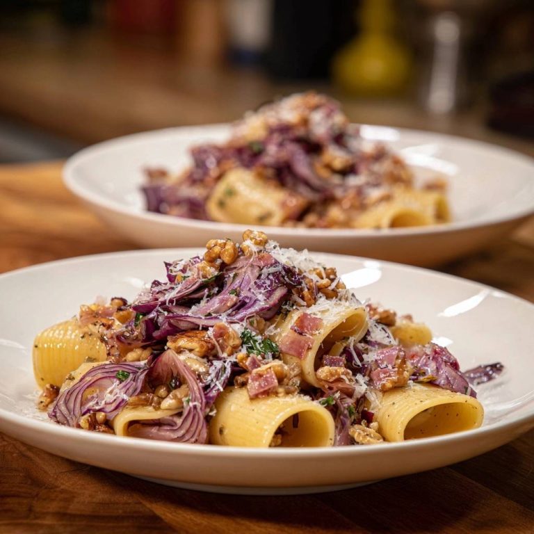 Rigatoni mit Radicchio, Walnüssen und Speck serviert in zwei Tellern, garniert mit geriebenem Käse und Walnüssen.