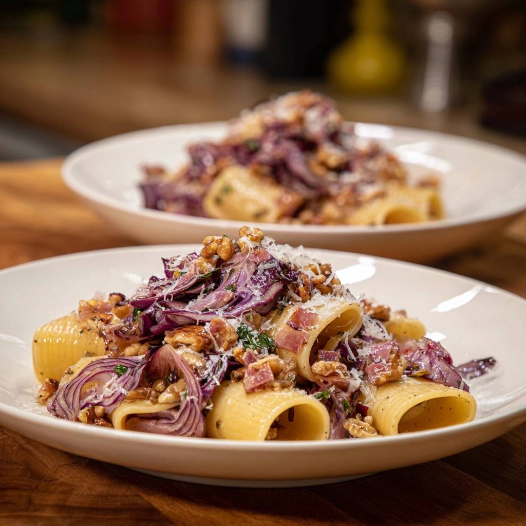 Rigatoni mit Radicchio, Walnüssen und Speck serviert in zwei Tellern, garniert mit geriebenem Käse und Walnüssen.
