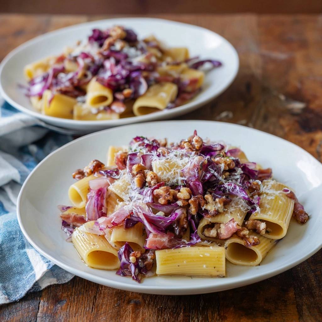 Rigatoni mit Radicchio, Walnüssen und Speck serviert auf zwei Tellern, garniert mit Walnüssen und frisch geriebenem Parmesan.