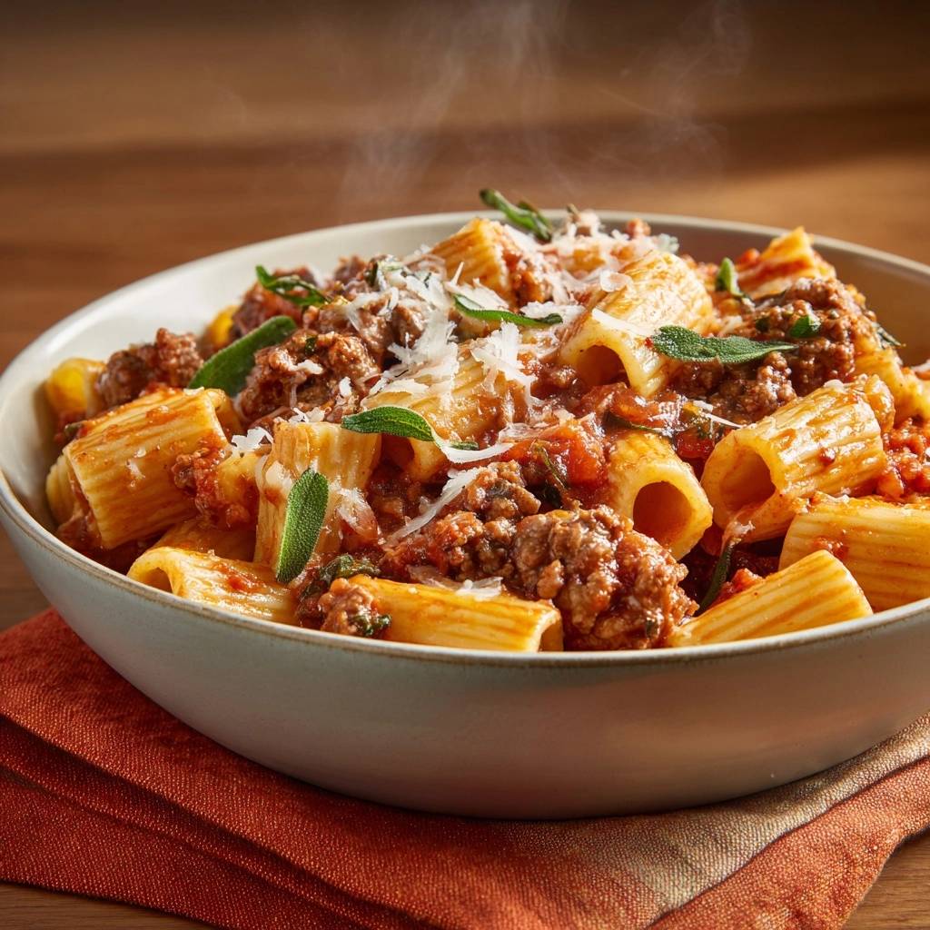 Rigatoni mit saftiger Salbei-Bolognese in einer Nahaufnahme, serviert in einer Schüssel mit dampfendem, frisch gekochtem Pasta-Gericht.