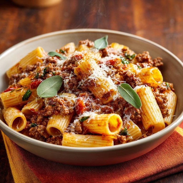 Rigatoni mit saftiger Salbei-Bolognese, serviert in einer rustikalen Schale, mit frisch geriebenem Parmesan und Salbeiblättern garniert.