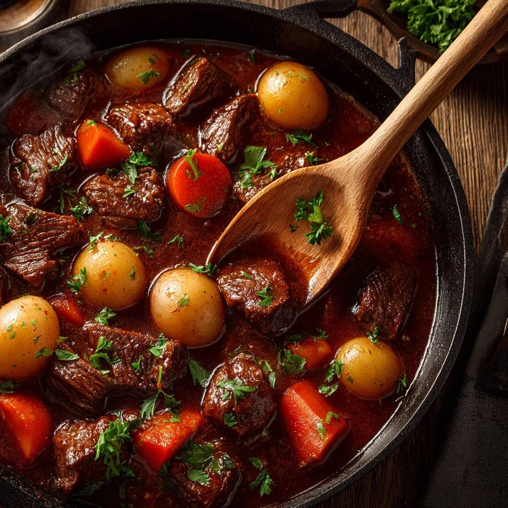 Rindergulasch Mit Kartoffeln Und Karotten Draufsicht 1 Rindergulasch mit Kartoffeln und Karotten, serviert in einem Topf, mit einer Holzkelle serviert und mit frischer Petersilie garniert.