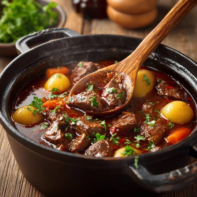 Rindergulasch mit Kartoffeln und Karotten in Nahaufnahme mit einem Holzlöffel, der die Zutaten zeigt und zum Essen einlädt.