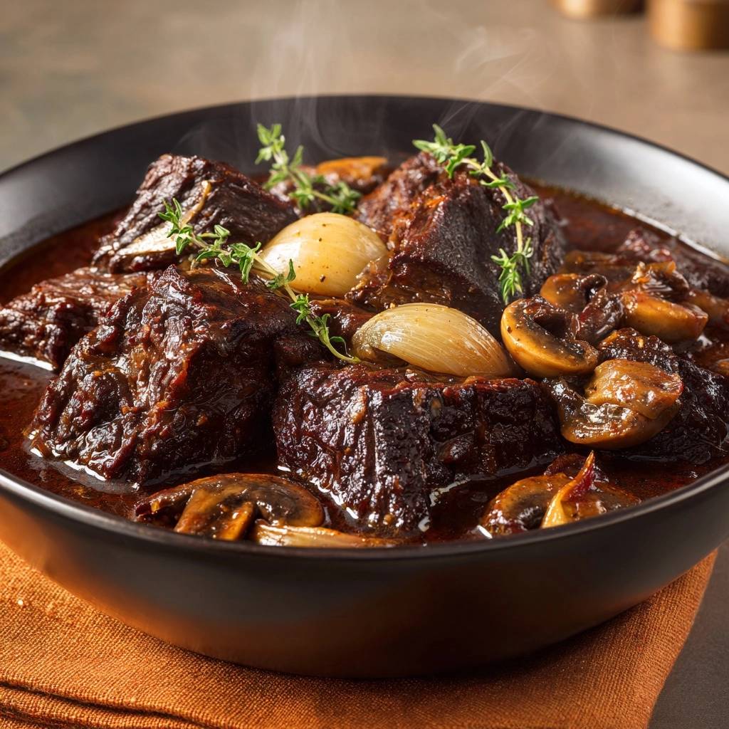 Rindfleischragout mit Perlzwiebeln zeigt eine Nahaufnahme der zarten Fleischstücke, die in einer reichhaltigen Sauce geschmort sind und dampfen.