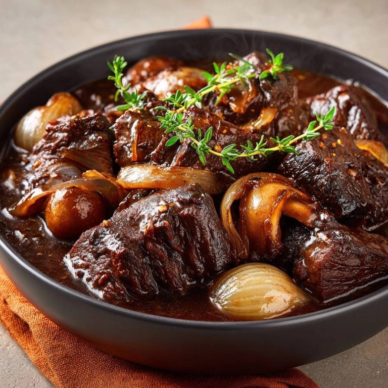 Rindfleischragout mit Perlzwiebeln in einer dunklen Schüssel, die Nahaufnahme zeigt die zarten Fleischstücke und glasierten Zwiebeln.