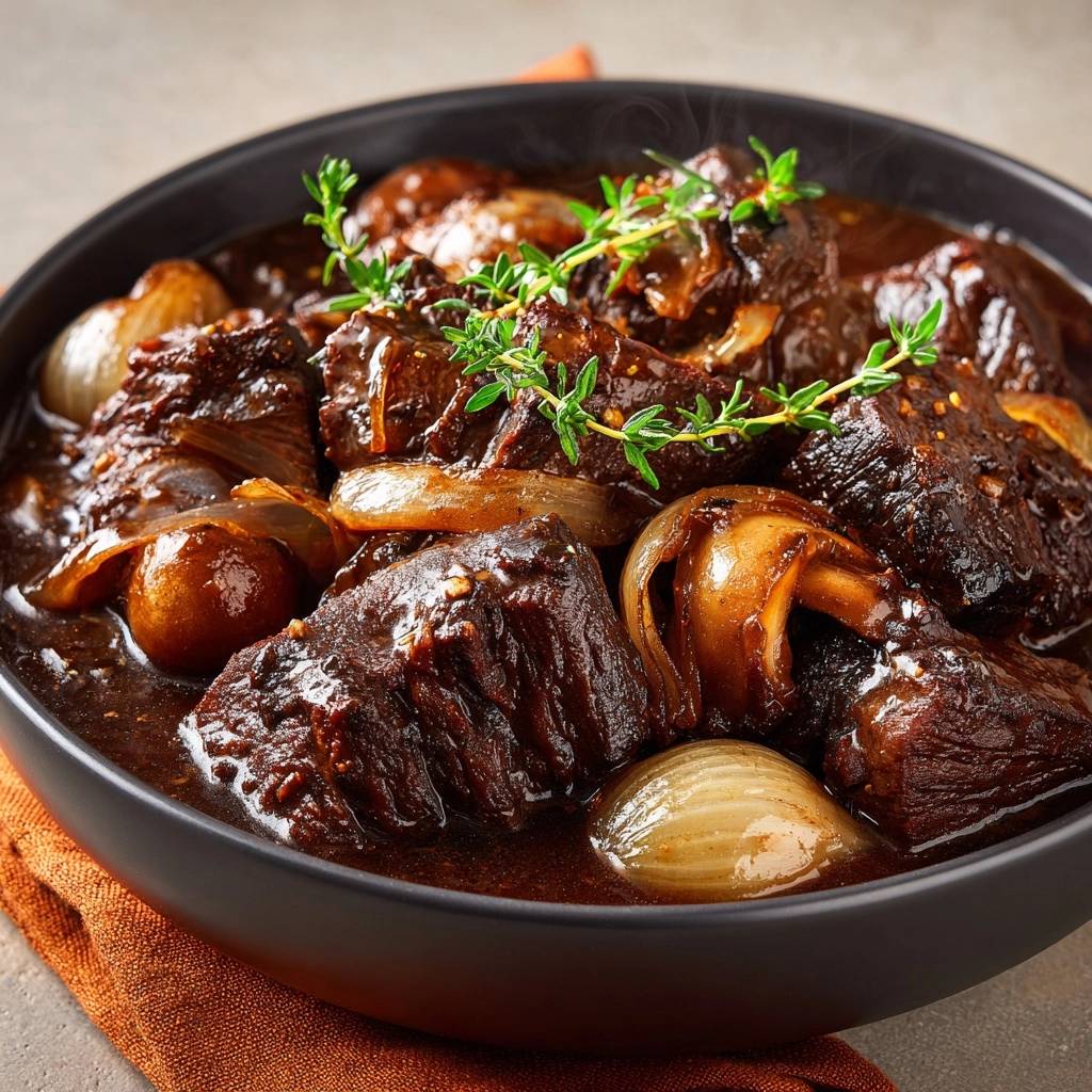 Rindfleischragout mit Perlzwiebeln in einer dunklen Schüssel, die Nahaufnahme zeigt die zarten Fleischstücke und glasierten Zwiebeln.