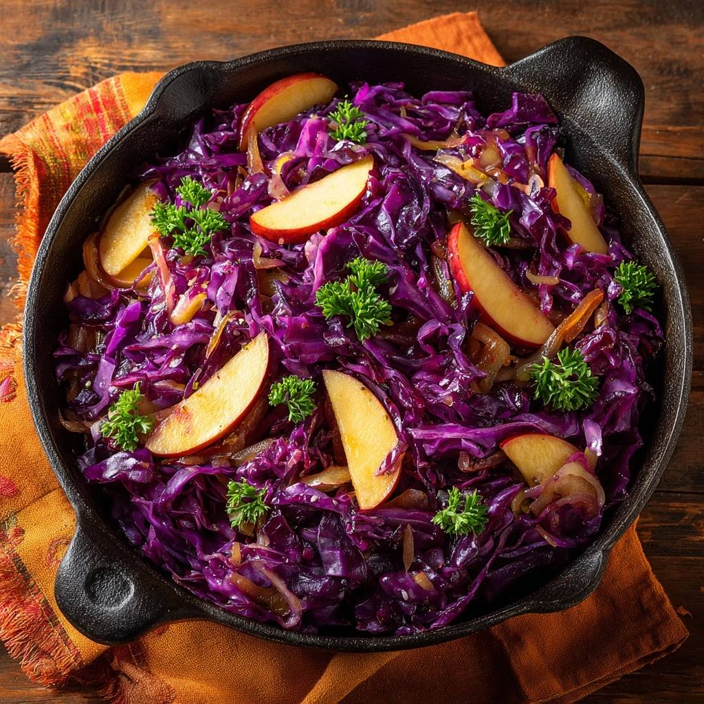 Saftiger Rotkohl mit Apfel und Zwiebeln als Draufsicht in einer schwarzen Pfanne, garniert mit Petersilie.