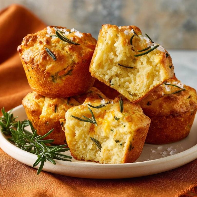 Rustikale Rosmarin-Käse-Muffins, frisch gebacken mit Rosmarinzweigen garniert, zeigen einen appetitlichen Querschnitt mit lockerer Krume.