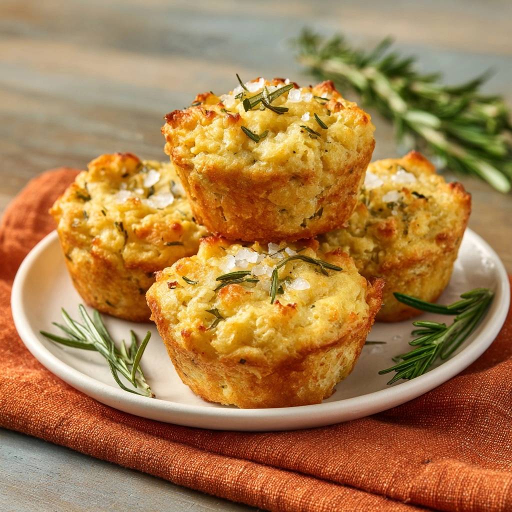 Rustikale Rosmarin Kase Muffins Serviert 1 Rustikale Rosmarin-Käse-Muffins, serviert auf einem weißen Teller, sind mit Rosmarinzweigen und grobem Meersalz garniert.