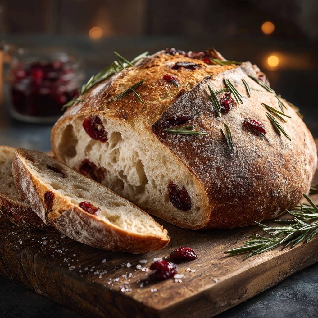 Rustikales Cranberry Rosmarin Brot Querschnitt 1 Rustikales Cranberry-Rosmarin-Brot mit saftigen Cranberries und Rosmarinzweigen. Nahaufnahme des knusprigen Laibs mit Anschnitt, der die lockere Krume zeigt.