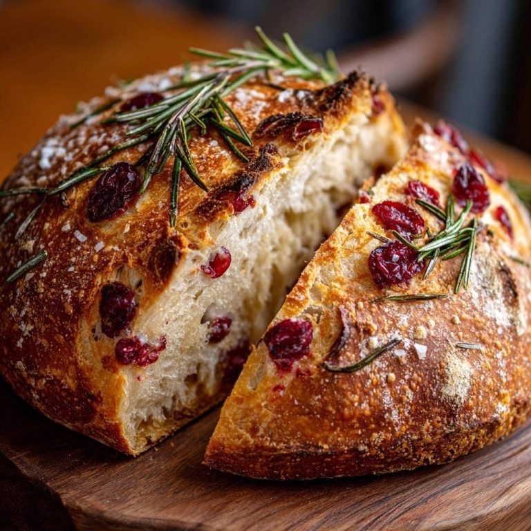 Rustikales Cranberry-Rosmarin-Brot mit einem Anschnitt, der die saftige Krume und die Cranberries im Inneren zeigt.