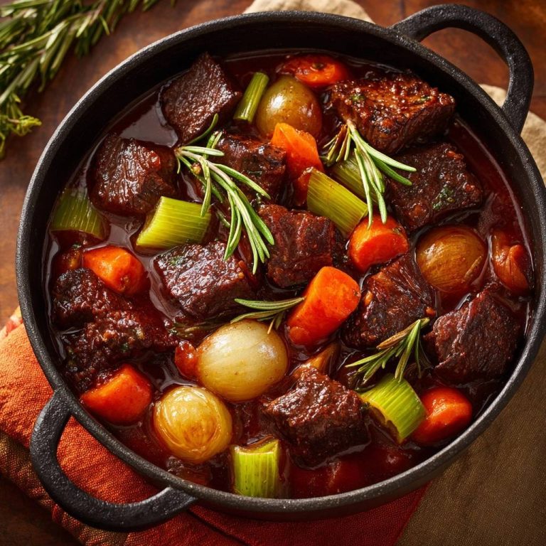 Rustikales Rindergulasch mit Rosmarin in einer gusseisernen Pfanne, aus der Vogelperspektive fotografiert, mit frischen Kräutern garniert.