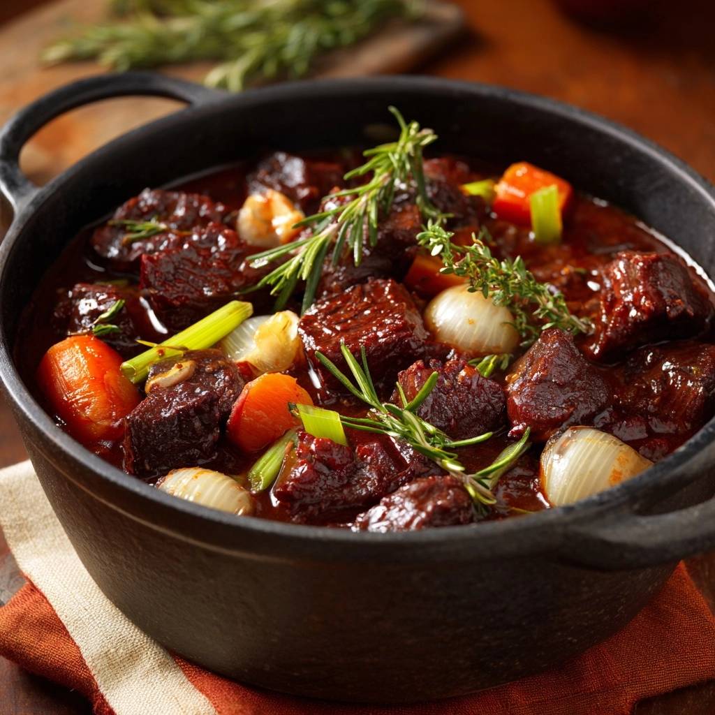 Rustikales Rindergulasch mit Rosmarin in einem schwarzen Gusseisentopf, eine Nahaufnahme der zarten Fleischstücke und Gemüse.