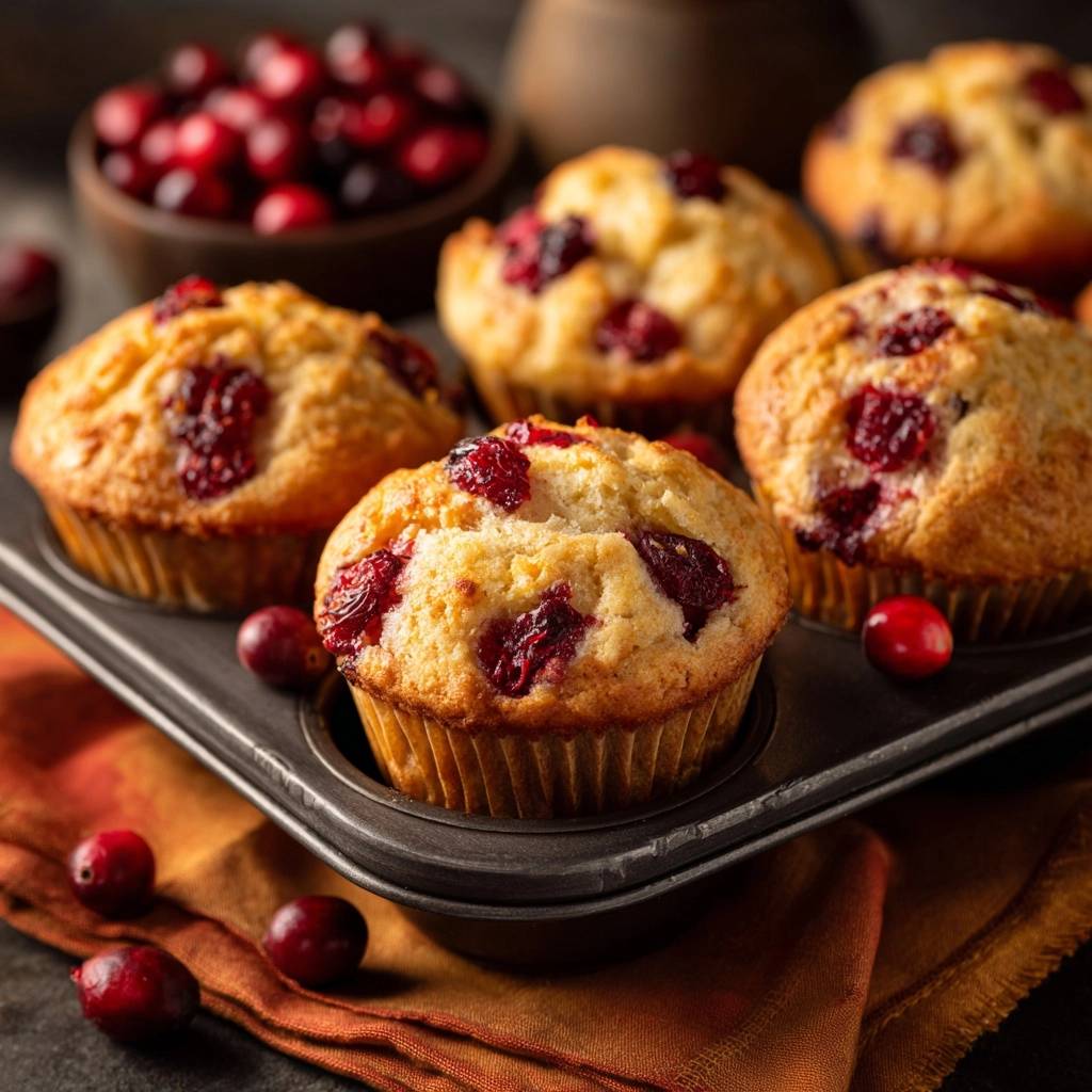 Saftige Cranberry-Muffins, frisch gebacken und mit saftigen Cranberries versehen, präsentieren sich in einer Backform.