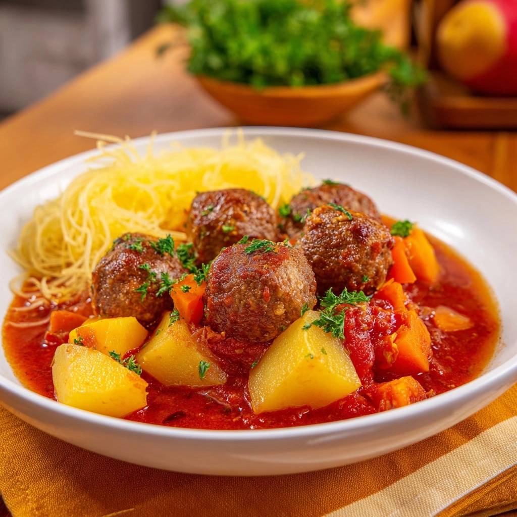 Saftige Fleischbällchen in Tomaten-Kartoffel-Soße mit Spaghetti, Nahaufnahme der Fleischbällchen und des Gemüses in der Soße.