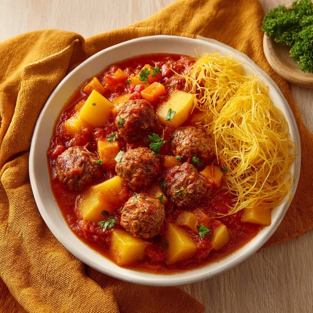 Saftige Fleischbaellchen Tomaten Kartoffel Sosse Serviert 1 Saftige Fleischbällchen in Tomaten-Kartoffel-Soße serviert auf einem weißen Teller, garniert mit frischer Petersilie und Spaghetti.
