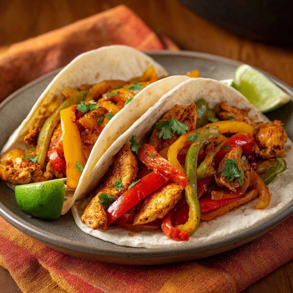 Saftige Hähnchen-Fajita-Tacos, serviert auf einem Teller, zeigen die leckere Füllung aus Hähnchen und Paprika, garniert mit frischer Petersilie.